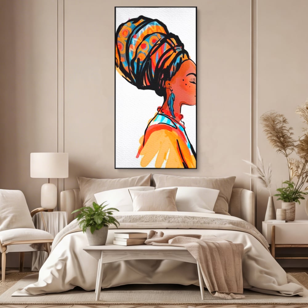 Tablou canvas cu ilustratie digitala cu profil de femeie, in rama de aluminiu negru, pe perete intr-un dormitor